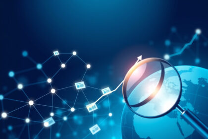 Illustration af backlinks og linkbuilding: et netværk af forbundne hjemmesider med en stigende trafikkurve.
